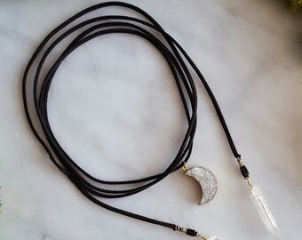 Druzy Moon Lariat Choker | Leather Wrap Necklace | Quartz Crystal Choker | Leather Wrap Necklace | Layered Necklace | Crescent Moon Jewelry