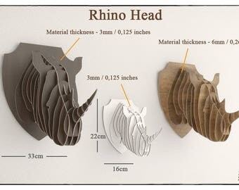 RHINO HEAD - Trophy hunting template cut file faux taxidermy laser wall art rhinoceros head animal head, wooden puzzle Wall cnc plans 3d