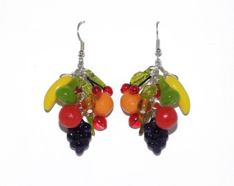 Fruit Bunch Earrings 'Carmen Miranda' inspired, Vintage 1950's Beads with Czech Glass, Lucite, Sterling-Silver Carribbean Hawaiian Dangle