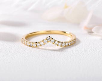 Curved Wedding Band 14k Gold Diamond ring Chevron Half Eternity Band Dainty Bridal set Stacking Woman Anniversary everyday gift for her