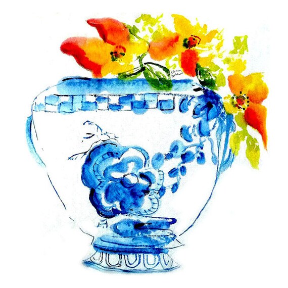 Ginger Jar Blue and White Watercolor Print Urn Floral