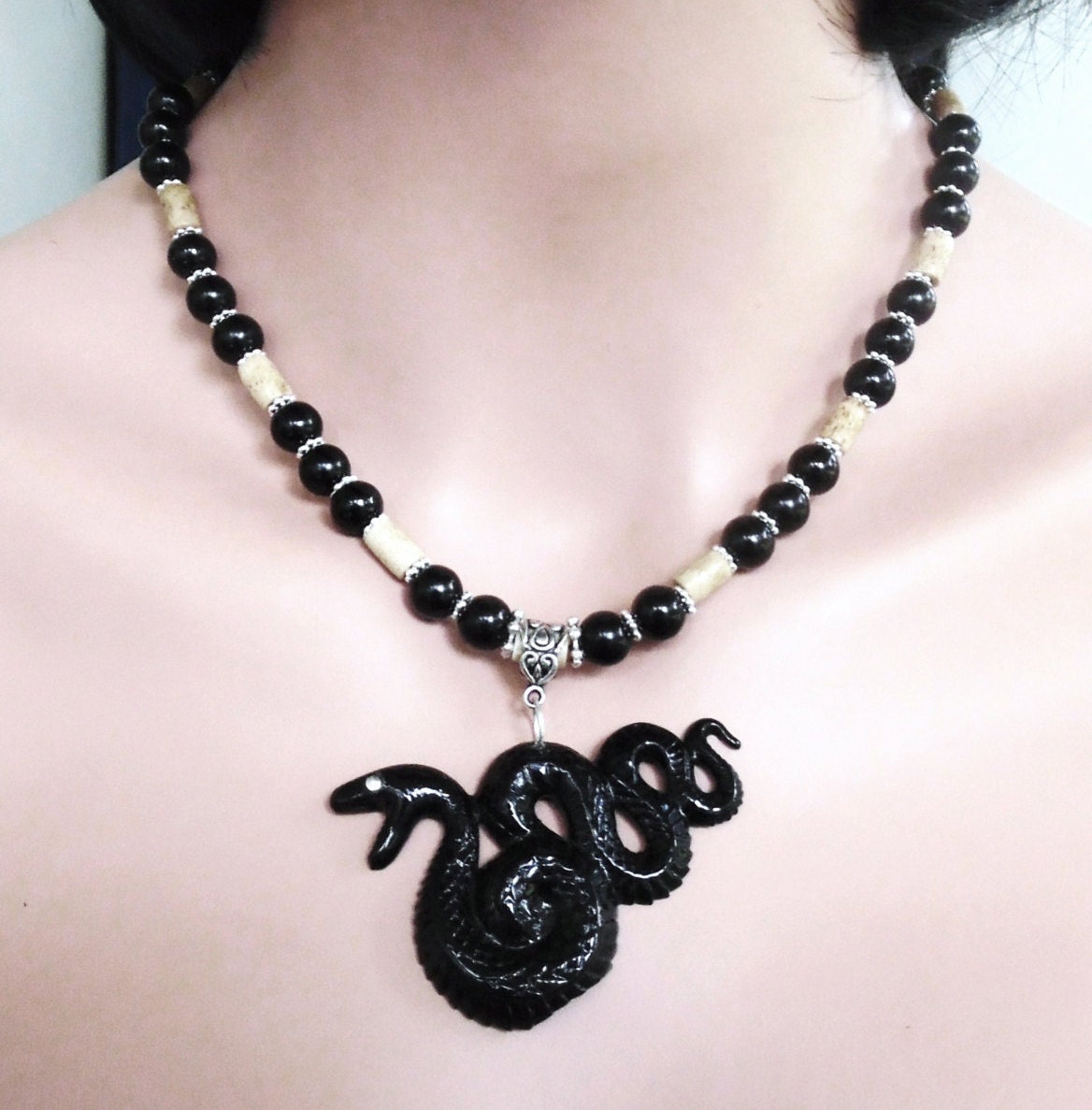 Bone and Onyx Necklace Wicca Snake Pendant Handmade Black