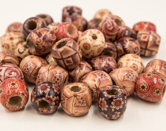 Wood Beads, Large Hole Wood Beads, 50pcs, 16mm, Macrame Beads, Beads For Hemp, Patterned Wood Beads - B210