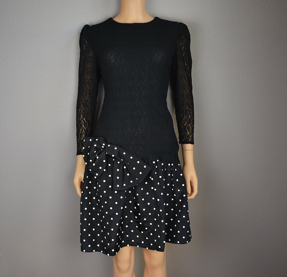 80s Polka Dot Prom Dress Black and White Party Dress Cocktail