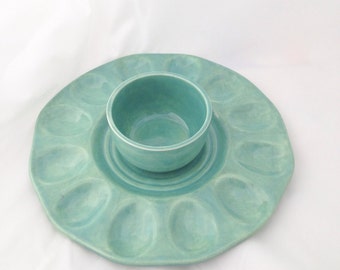 Jade Deviled Egg Plate with Optional Condiment Bowl - Ceramic Egg Platter - Serving Tray