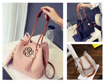 Monogram Bucket Purse, Embroidered Monogram Leather Tote Bag, Monogram Faux Leather Tote Bag, Monogrammed Handbag, Monogrammed Purse