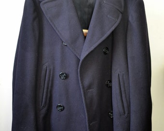 Vintage 1960s US NAVY Wool Pea Coat Kersey Anchor Buttons Chamois Lined Pockets Size 38