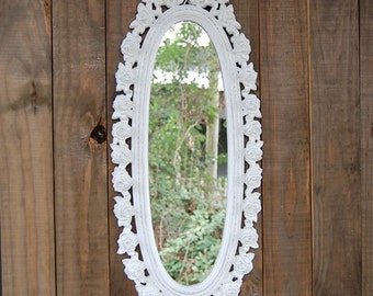 Mirror, White, Shabby Chic, Cottage, Syroco, Hand Painted, Nursery Decor, Hanging, Wall, Wedding, Oval, Upcycled Vintage, Ornate, Roses