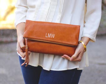 Monogrammed Clutch | Tassel Fold Over Crossbody| Faux Leather | Mother's Day, Christmas, Bridesmaid Gift, Gift for Her | Multiple Colors