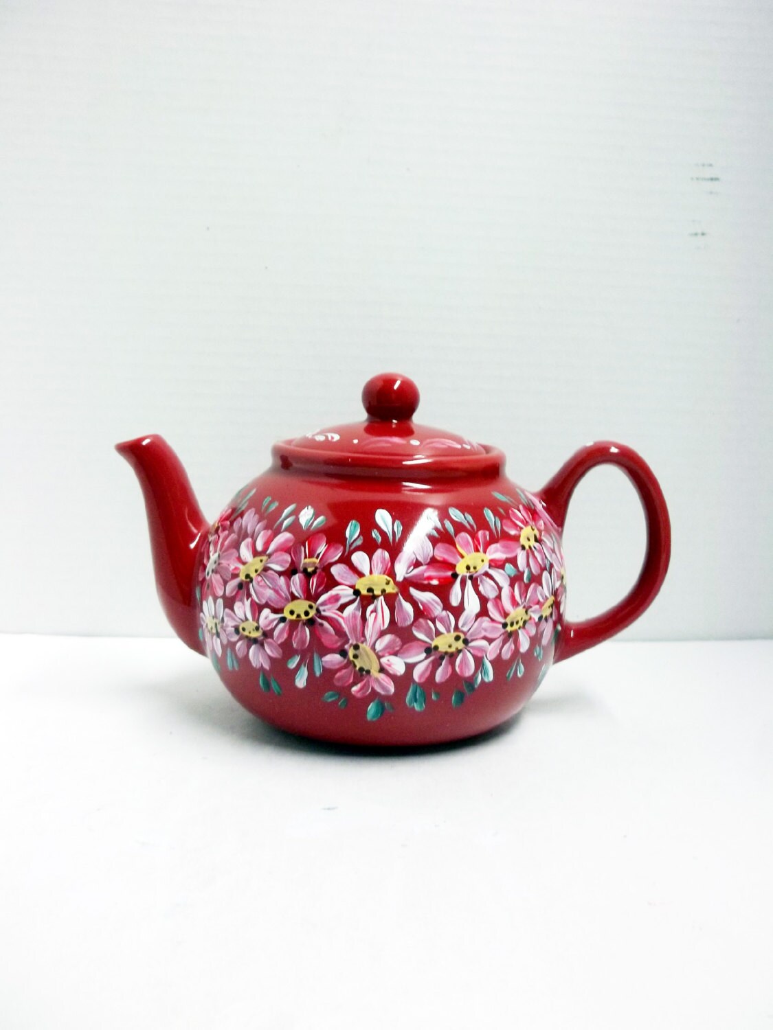 Red Ceramic Teapot Hand Painted Scandinavian Design Folk