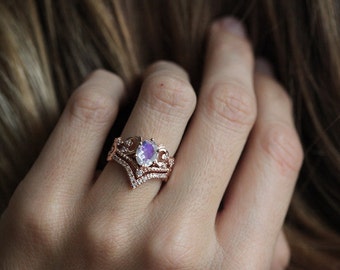 Vintage Engagement Ring Set, Moonstone Ring, Art Deco Engagement Ring, Bridal Set with Diamond Band, Gold Rainbow Moonstone Ring, Rose Gold