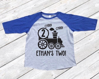 Two Year Old Personalized Train Raglan Shirt - Boys' 2nd Birthday Shirt - Girls' 2nd Birthday Shirt - Two Year Old Train Birthday Tee
