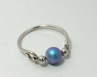 Iridescent Light Blue Swarovski Ring ~ Wire Wrapped Ring ~ Wire Wrap Ring ~ Sterling Silver Pearl Ring ~ Ice Blue Pearl Ring