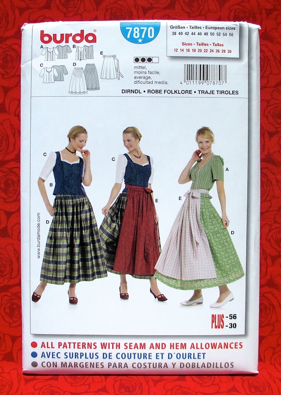 Burda Sewing Pattern 7870 Bavarian Folk Costume Dirndl Skirt