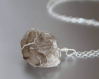 Raw Smoky Quartz Necklace, Sterling Silver, Healing Stone, Wire Wrapped Pendant, Bohemian Jewelry