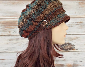 Womens Crochet Hat Womens Hat Newsboy Hat - Spring Monarch Ribbed Hat - Rust Teal Brown Newsboy Hat - Womens Accessories - Chocolate Peacock