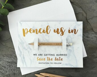 Save the Dates - Personalised Pencil Us In - Wedding Invitations - Engraved - (Marble, Chalk or Kraft Style Backing card & Envelopes Option)