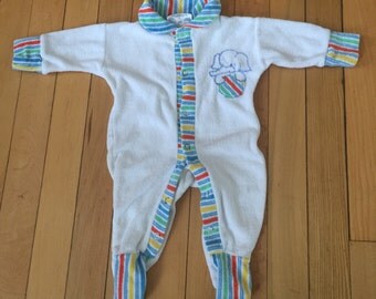 Vintage 1970s Baby Infant Boys White Stripe Terry Cloth Elephant Sleeper! Size Newborn/Preemie