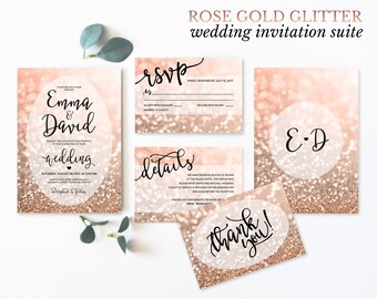 Rose Gold Wedding Invitation Set Printable Wedding Invitation Suite Rose Gold Glitter Wedding Invites RSVP Details Digital Download JPEG PDF