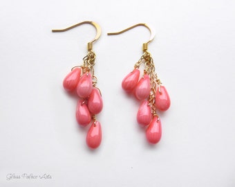 Pink Coral Earrings, Real Coral Dangle Earrings, Cluster Earrings, Bridesmaid Coral Jewelry, Rose Gold, Sterling Silver Beach Boho Jewelry