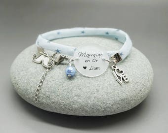 bracelet étoile bleu cabochon "Marraine en Or" + prénom love - bracelet personnalisable - godmother gift