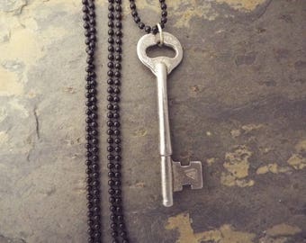 Skeleton Key Necklace with long black ball chain , Vintage Skeleton Key, Womens Necklace