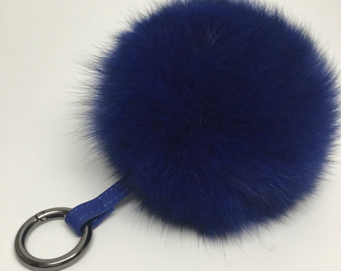 Royal Blue Fox Fur Pom Pom luxury bag pendant with leather strap Gun Metal buckle key ring chain bag charm