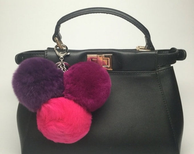 Trio rabbit fur pom pom corsage Bag Charm Totem keychain Deep Purple Electric Purple Hot Pink
