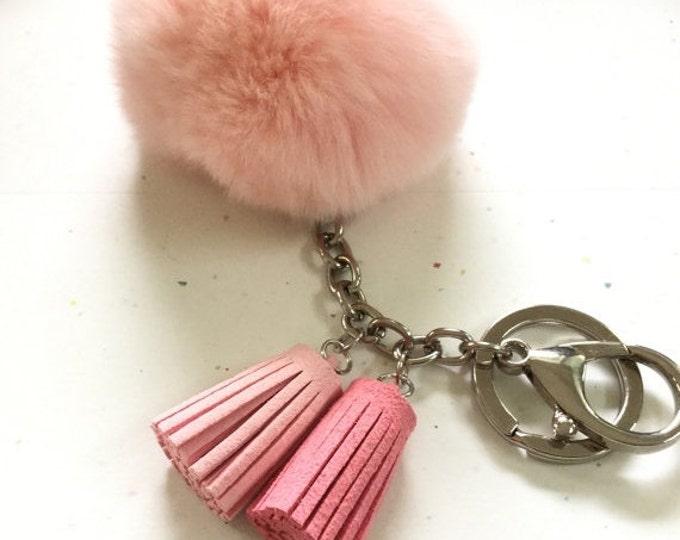 Fur pom pom keychain peach pink REX Rabbit fur ball with two gradient color leather tassels