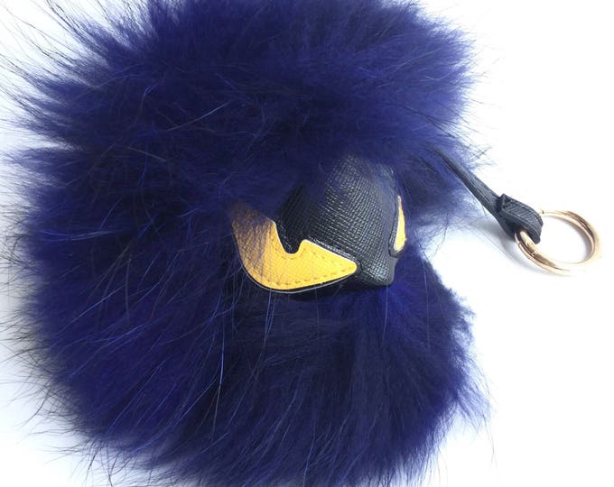 Navy Face Monster Keychain Fur Pom Pom Chain Ball Bobble Key Ring Bag Pendant Charm with Strap and Metal Buckle - Real Fu
