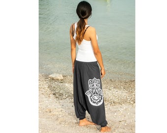 Women Yoga Harem Pants Hand Screen Printed Boho Baggie Gipsy Hippie Hand of Fatima 100% Cotton Tshirt fabric - elastic waistband and cuffs