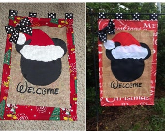 Santa Mouse Burlap Christmas Embroidered Appliqued Garden Flag Door Hanger