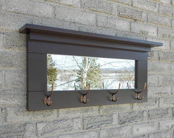 Espresso color entry mirror with oil rubbed bronze hooks (wall mirror,wall coat rack,mirror with shelf,mirror with hooks,coat hook, )