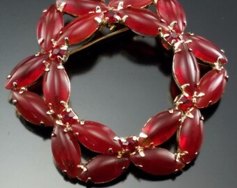 Vintage Ruby Rhinestone Brooch Open Back Glass Navette Eternity Pin
