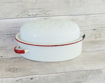 Vintage enamel oven pan dish,pan casserole dish,white oven retro pan with a lid,
