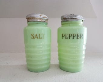 Vintage Green Milk Glass Salt and Pepper Shakers
