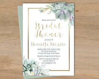Succulent Bridal Shower Invitation / Greenery and Gold Geometric / Green Cactus and Gold Calligraphy ▷ Printed Heavy Paper {or} Printable