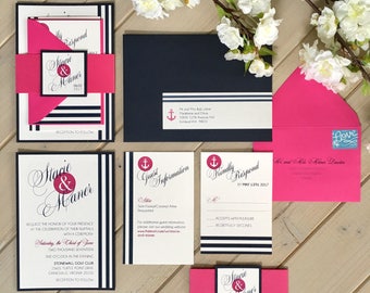 Nautical Wedding Invitations, Navy and Hot Pink Wedding Invitations, Navy and Pink Nautical Invitations, Navy and White Stripe