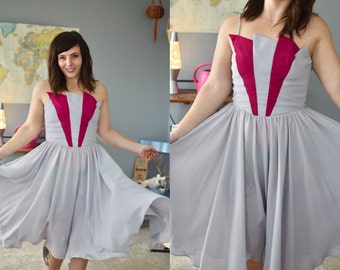 Vintage Gray and Magenta Cocktail Dress with Cut Out Detail // Union Made (ILGWU)