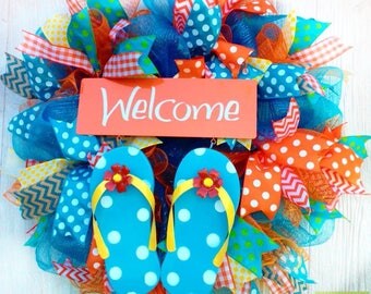 Flip Flop Wreath, Summer Welcome Wreath, Summer Flip Flop Wreath, Welcome Wreath, Summer Deco Mesh Wreath, Polka Dot Wreath, Summer Decor