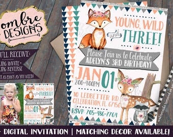Girl Woodland Birthday Invitation, Birthday Invite, Young Wild and Three, Third Birthday, Woodland Party, 1st, 2nd, 3rd, Woodland Party