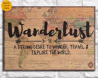 Travel gift world Map poster print Wood wall art Mens gift for Women Gift for Men Wanderlust quote Boyfriend gift for her Panel effect sign