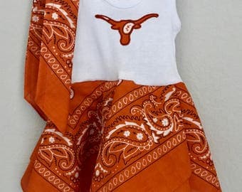 Texas Longhorns inspired baby dress, burnt orange bandana dress and headband, UT Longhorns baby outfit