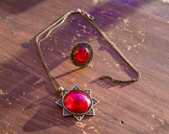 Vintage Necklace and ring, bronze, with fire red medallion