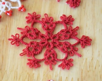 Red snowflake, Cute tiny snowflake, Tatted snowflake, Frivolite snowflake, Chiacchierino fiocco di neve, Window ornament Christmas snowflake