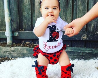 Ladybug birthday, ladybug onesie, ladybug bloomer, baby bloomers, birthday outfit, first birthday, baby girl bodysuit, first birthday, baby
