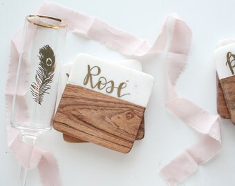 Hand-lettered White Marble and Wood Coasters | Calligraphy labeled Coasters| Wine Coasters | Customizable Coasters | marble Coasters