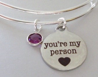 Your My Person BANGLE - VALENTINE Day Adjustable Bangle W/ Swarovski Birthstone Drop / Initial - Gift For Her Under 20 USA V1