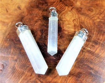 Selenite Necklace - White Crystal Point Pendant - Silver Indian Style Gemstone Earrings (A1) Healing Crystals and Stones Jewelry