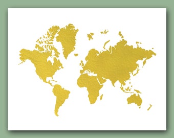 World Map Print, Real Gold Foil Print, map Wall Decor, world print, wold map decor, Map of the world, gold map print